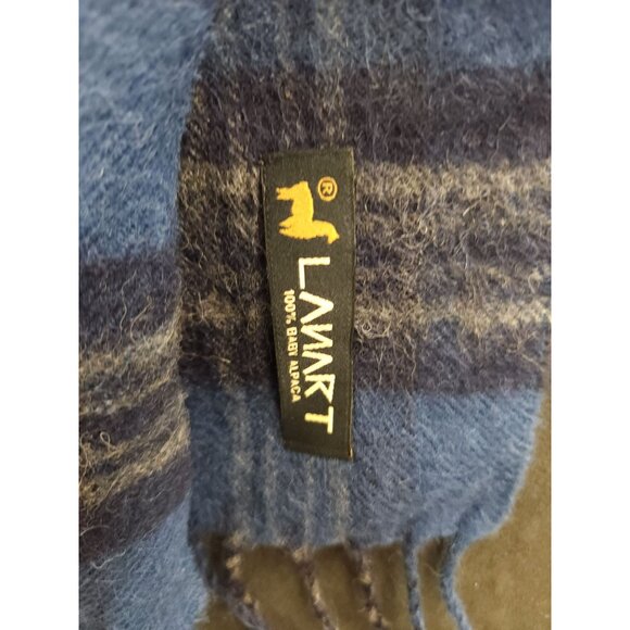 100% Baby Alpaca Wool Scarf Blue Plaid Design Fringed Edges - Picture 2 of 11